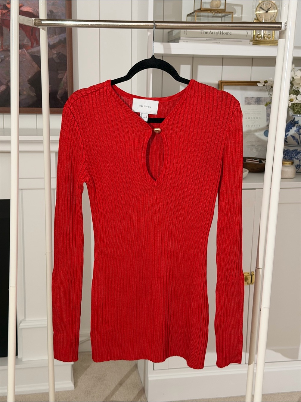 H&M Red Ribbed Long Sleeve Keyhole Top